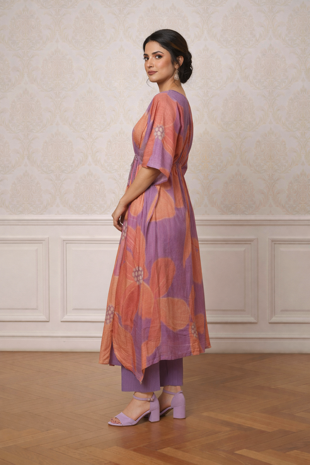 Floral Printed Kaftan Dress with Waist Tie | Sequence Handwork Two Piece Dress