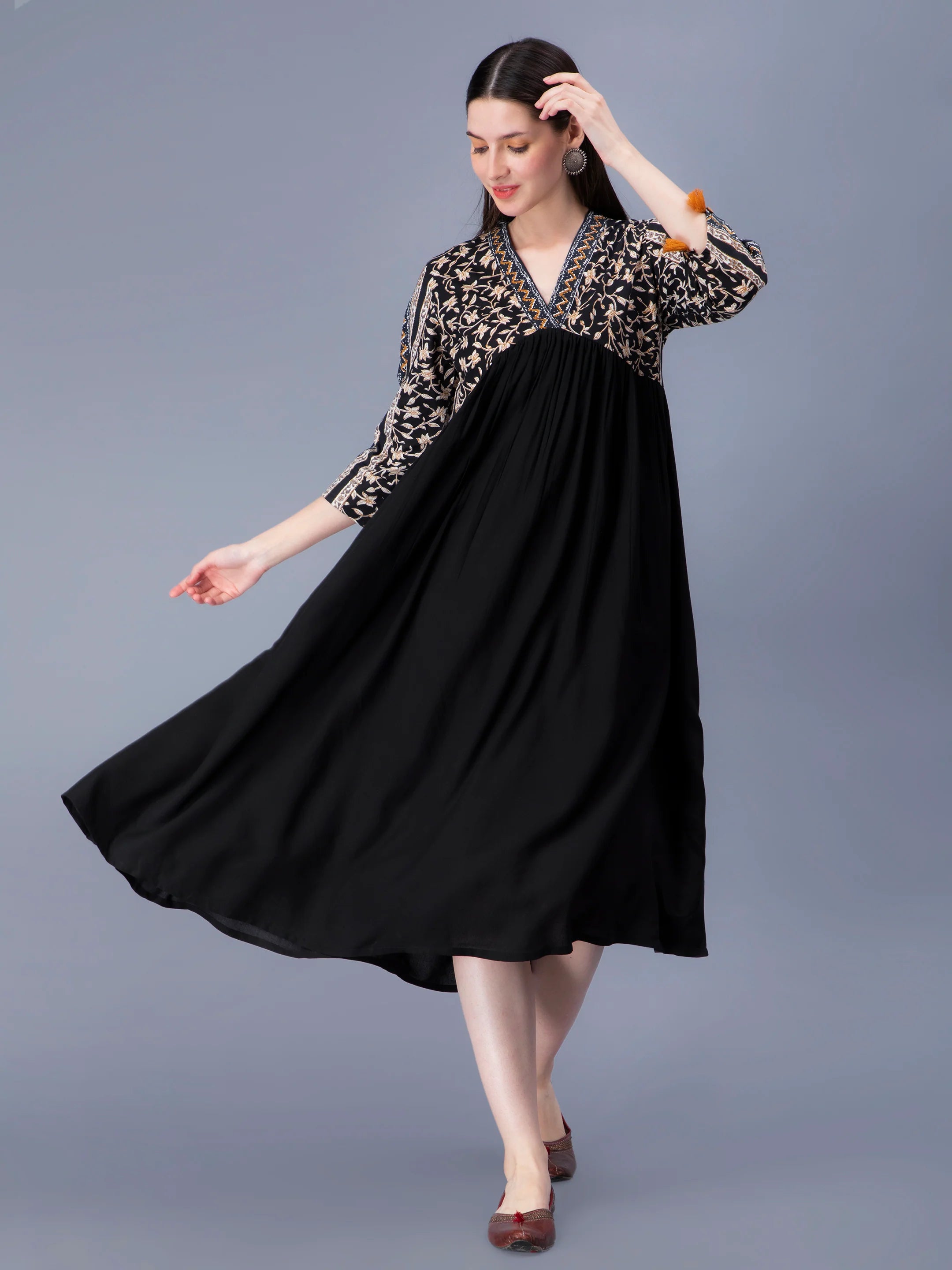 Black Designer Printed Black Dress