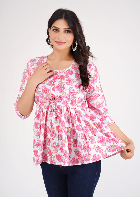 Cotton Pink & White Peplum Top