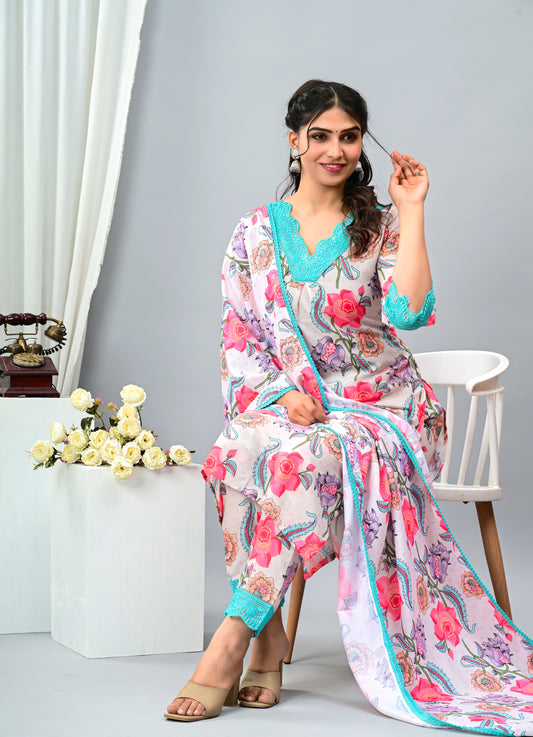 Cotton Floral Printed White Three Piece Suit with lace work