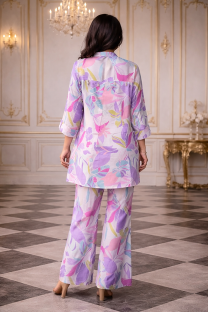 Purple Floral Muslin Co-Ord Set | Premium Printed Kurta with Flared Pants