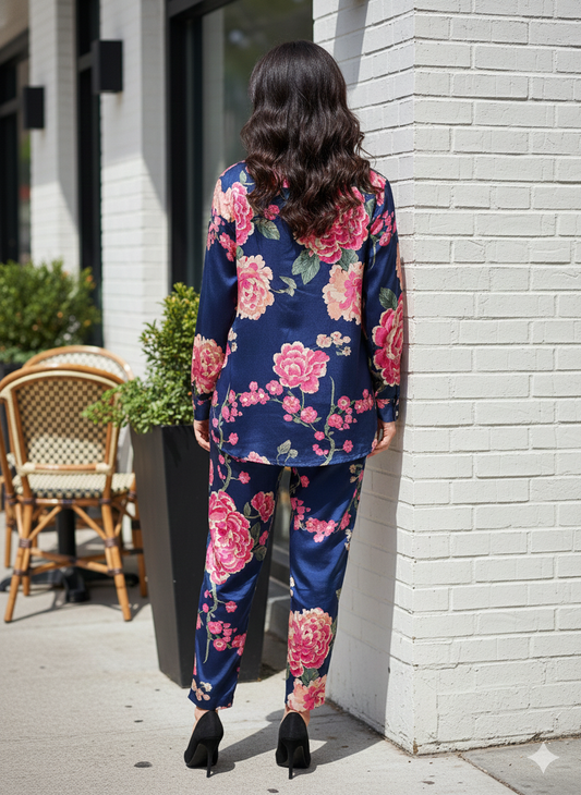 Pure Natural Crepe Floral Navy Blue Coord Set