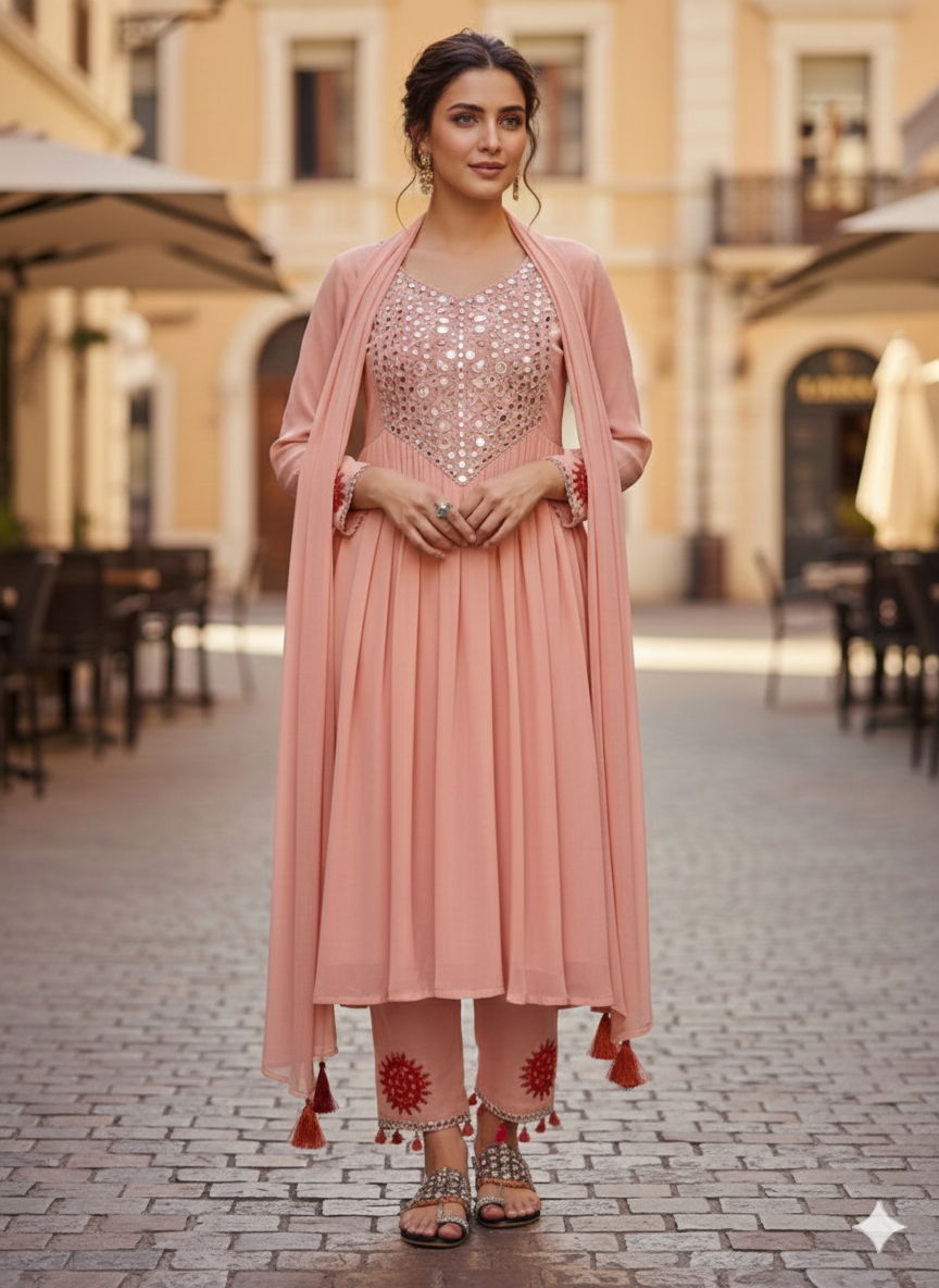Festive Georgette Pink Embroidered Dress with Mirror Work