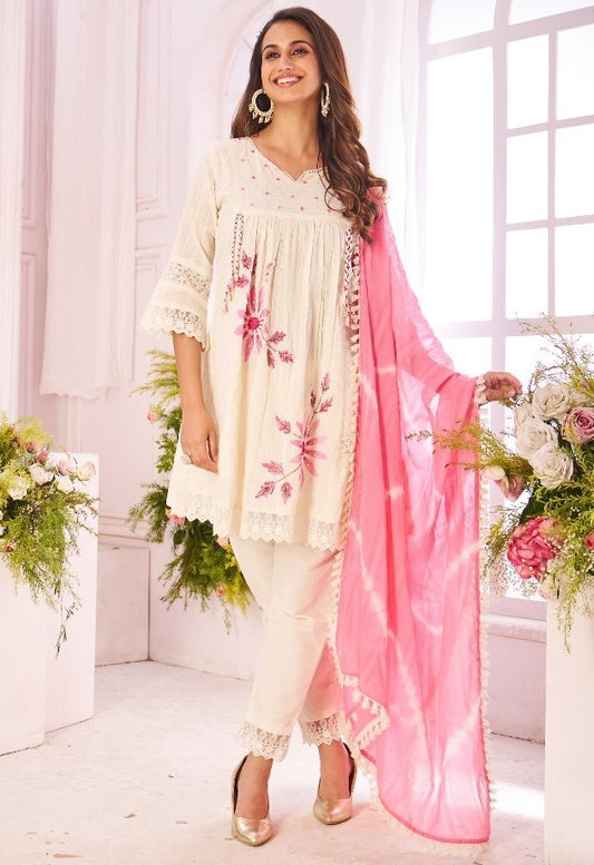 Schiffli Cotton 3 Piece Dress with Handwork