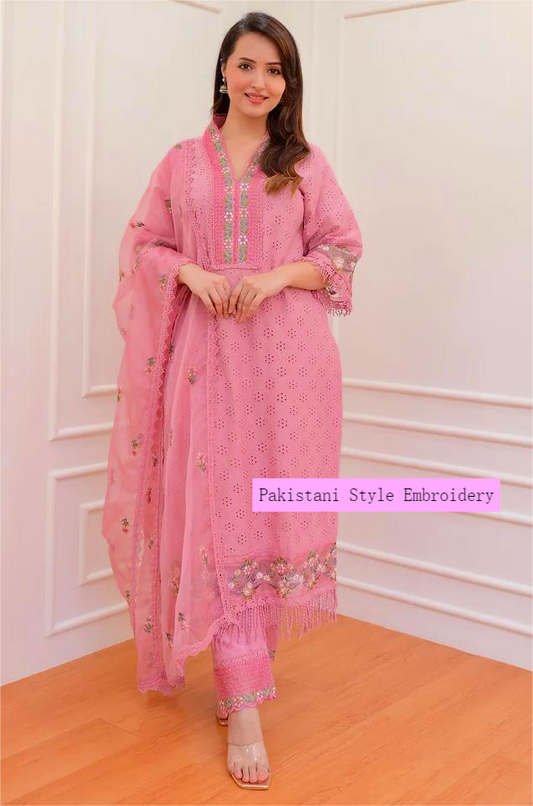 Cotton Schiffli Pink Embroidered Salwar Set