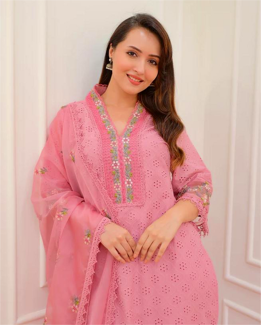 Cotton Schiffli Pink Embroidered Salwar Set