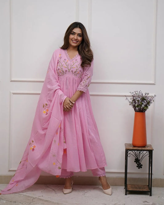 Cotton Pink Flared Anarkali Three Piece Dress