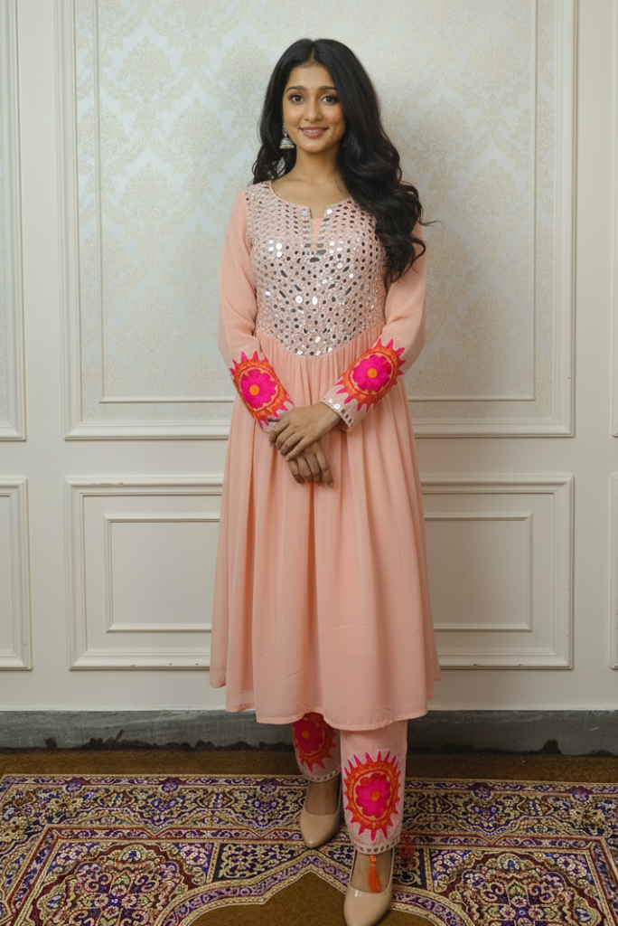 Festive Georgette Pink Embroidered Dress with Mirror Work