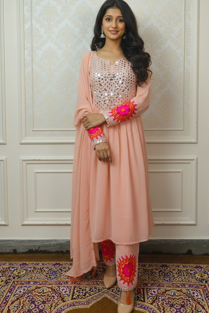 Festive Georgette Pink Embroidered Dress with Mirror Work