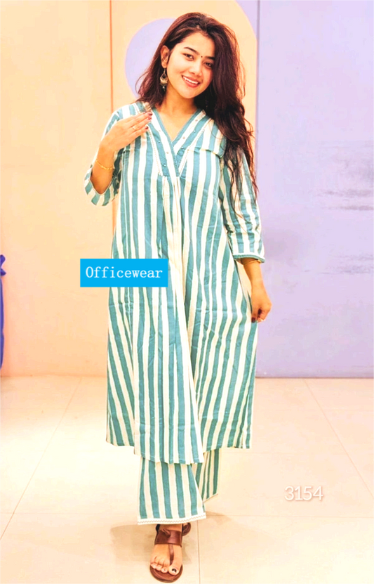 Sky Blue Cotton Striped Kurta Set