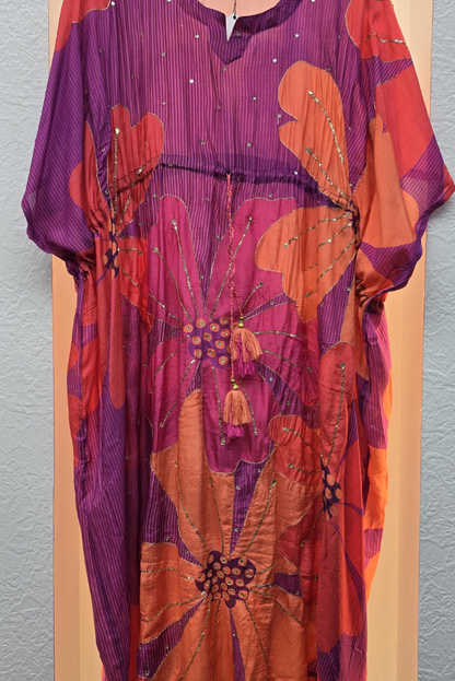 Floral Printed Kaftan Dress with Waist Tie | Sequence Handwork Two Piece Dress