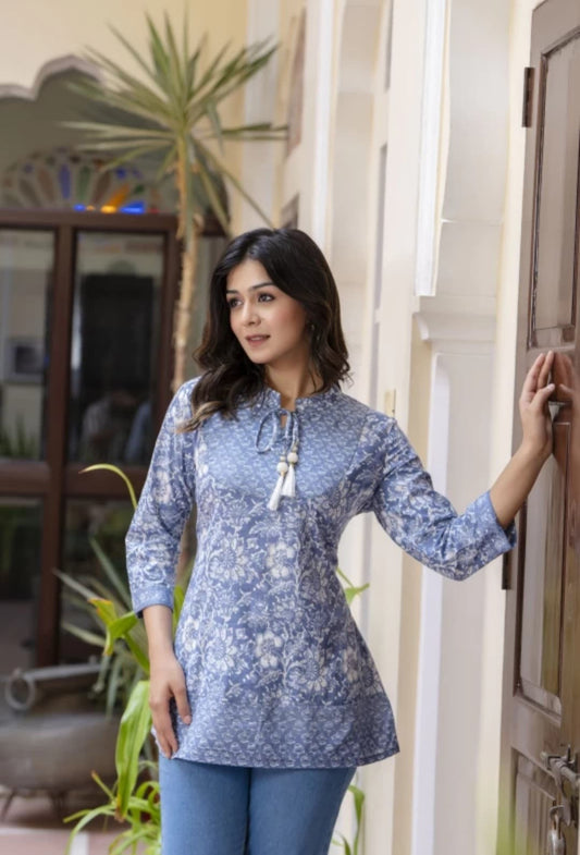 Designer Cotton Grey Printed Kurti