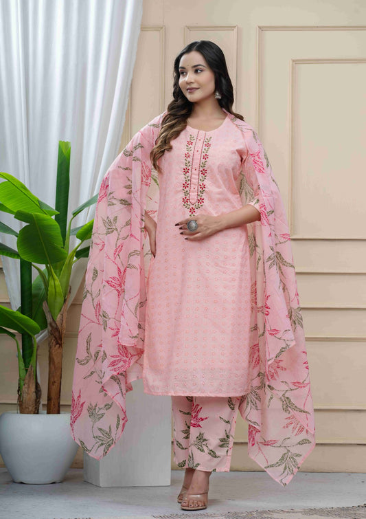 Schiffli Mul Cotton Peach Pink Three Piece Dress