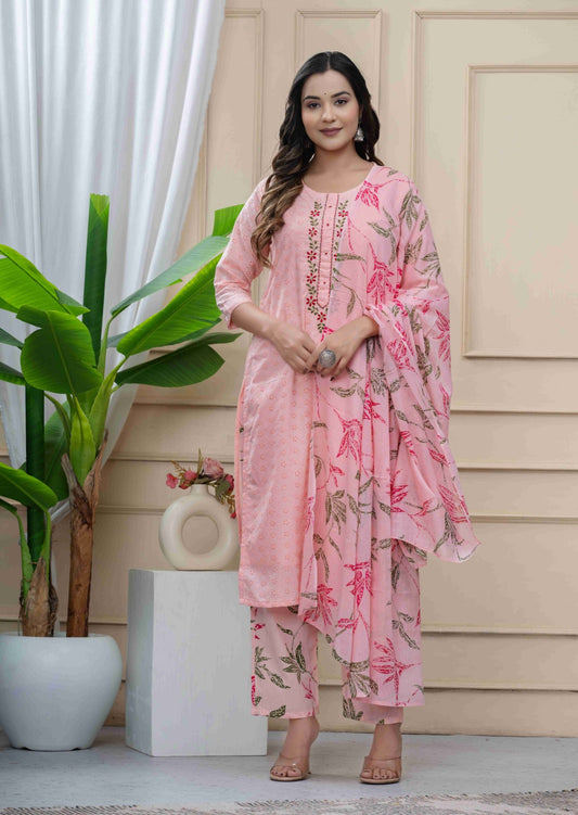 Schiffli Mul Cotton Peach Pink Three Piece Dress