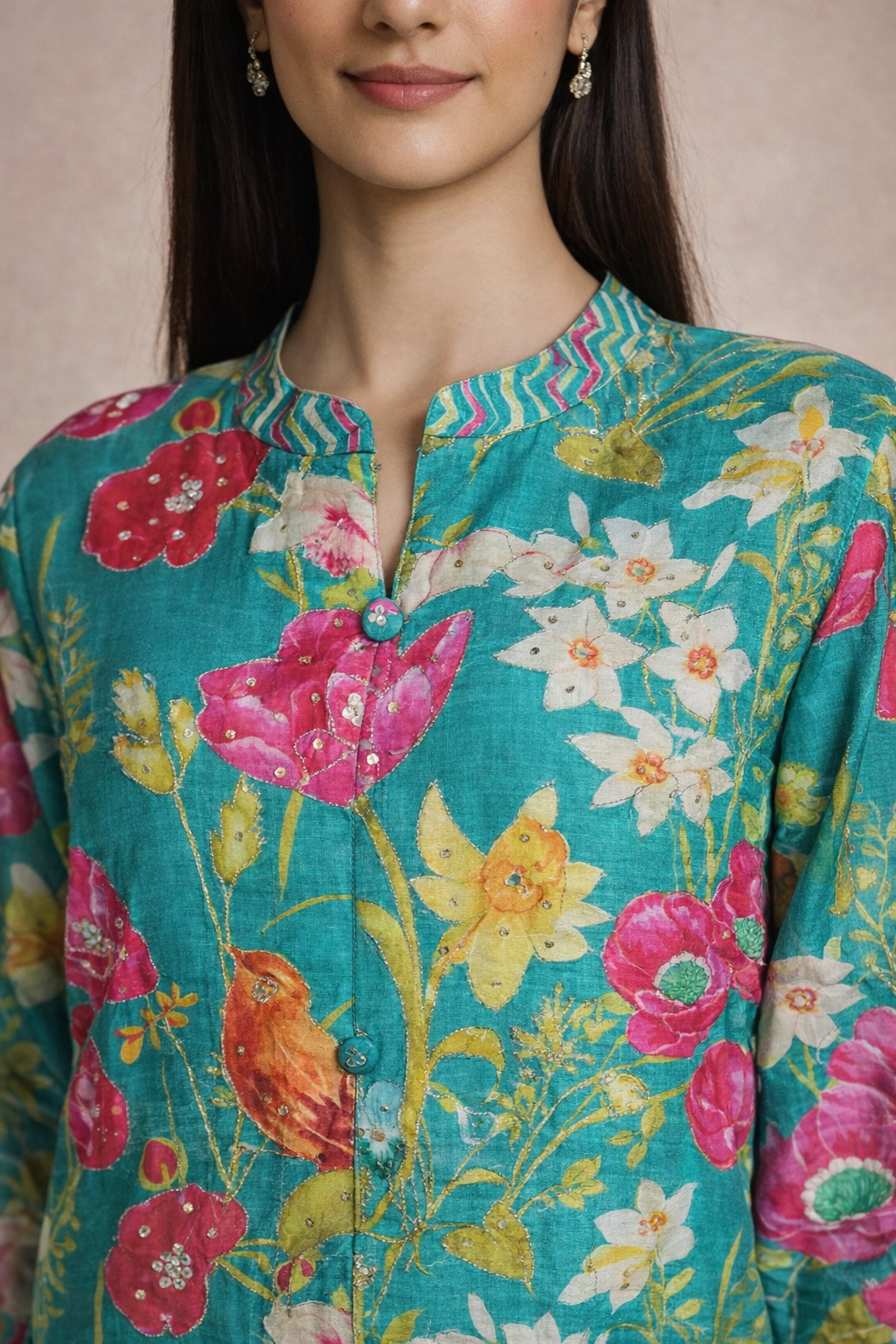 Muslin Silk Teal Two Piece Floral Kurta Set with Handwork