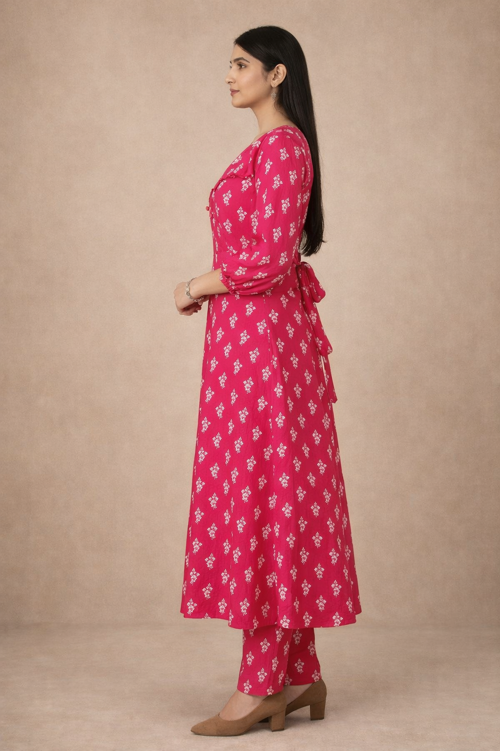 Crimson Red Muslin Silk A-line Two Piece Kurta set with Back Tie