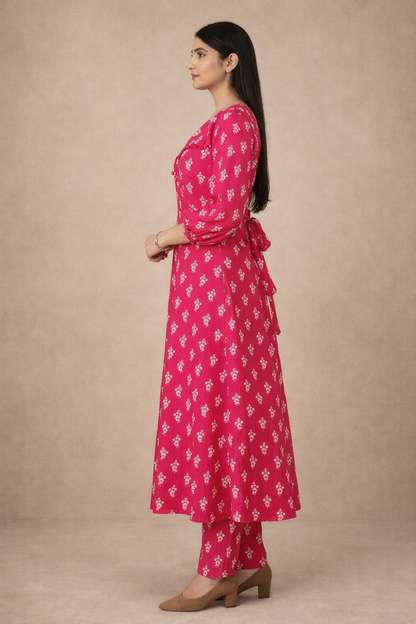 Crimson Red Muslin Silk A-line Two Piece Kurta set with Back Tie