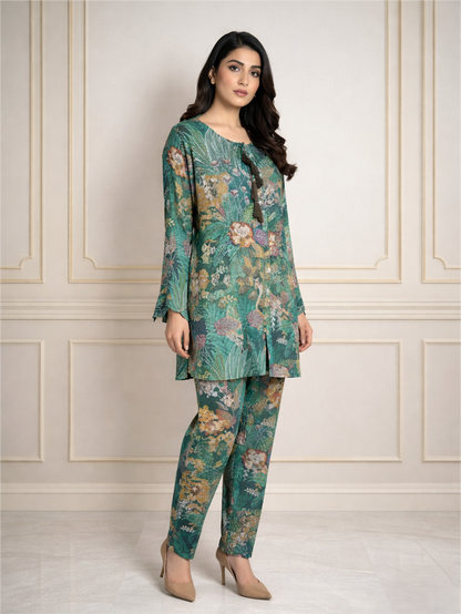 Muslin Sea Green Floral Printed Coord Set with Handwork