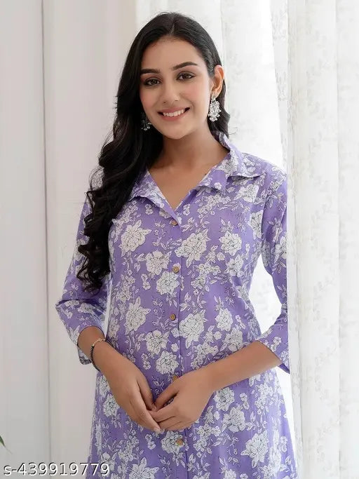 Princess Cut Flared Purple Floral Kurta Set