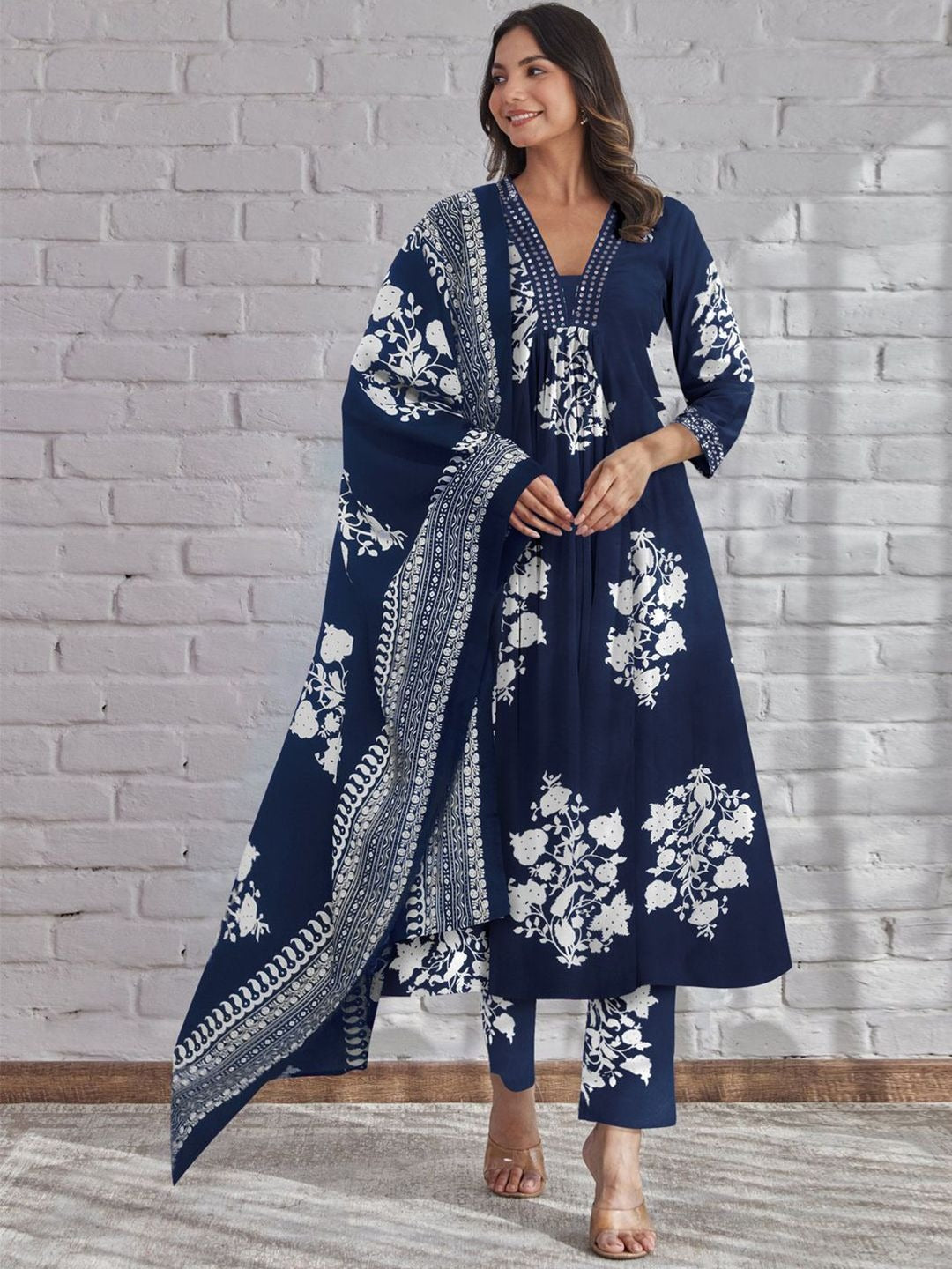 Block Print Navy Blue Flared Dress with Lacework