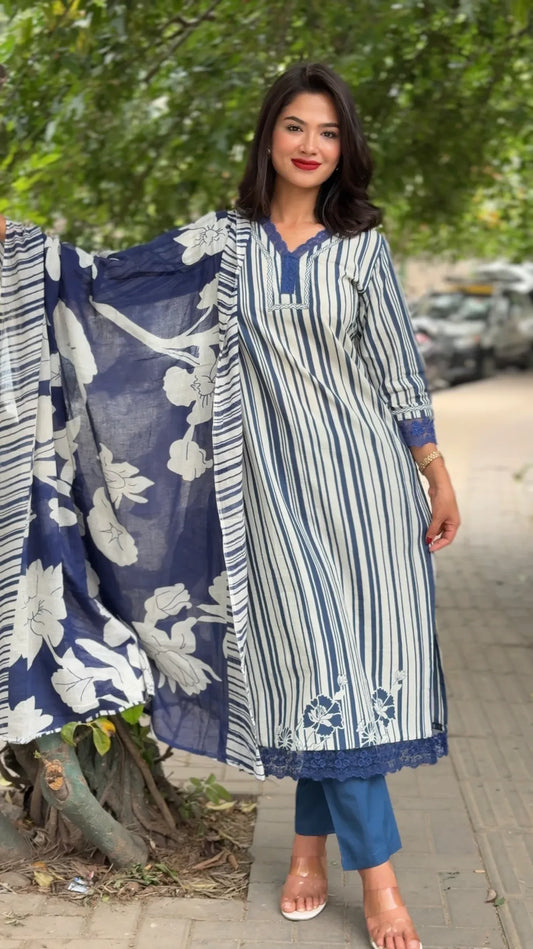 Cotton Floral Suit with Organza Embroidery Lacework