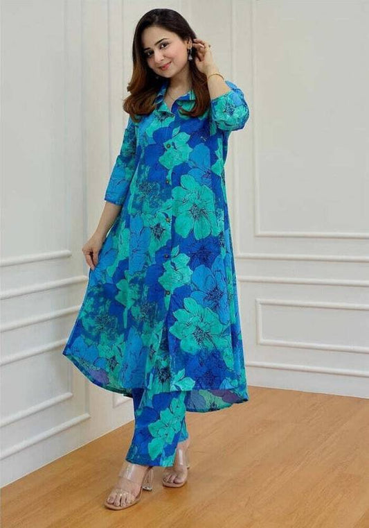 Princess Cut Floral Blue Kurta Set