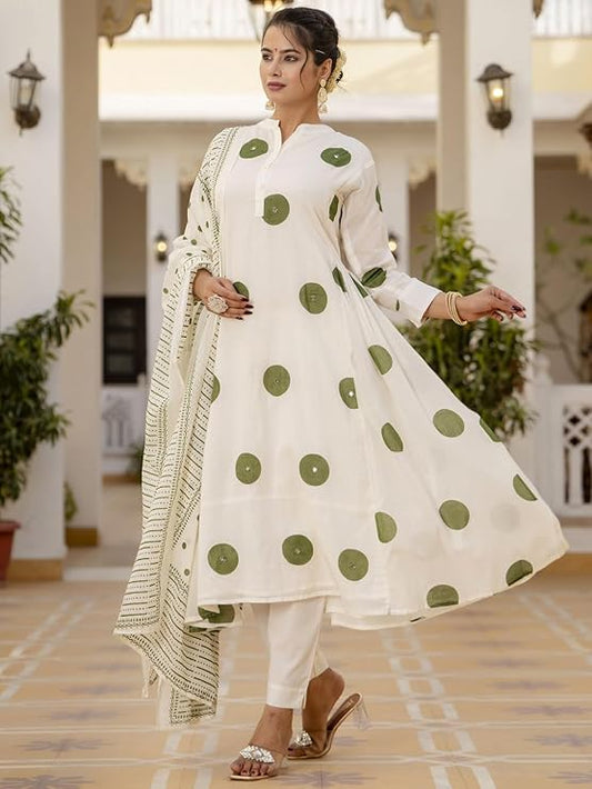 White Polka Dots Print Mirror Work Flared Salwar Suit Set