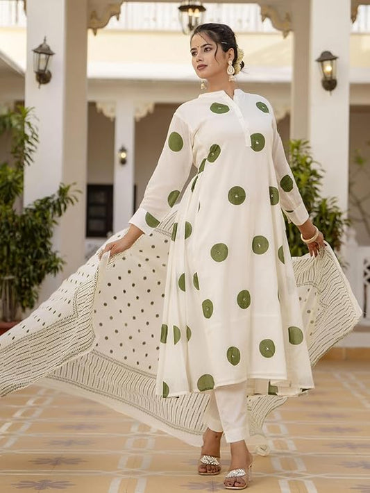 White Polka Dots Print Mirror Work Flared Salwar Suit Set