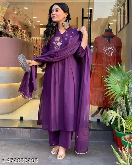 Violet Flared Salwar Set with Embroidery & Handwork (only XL)