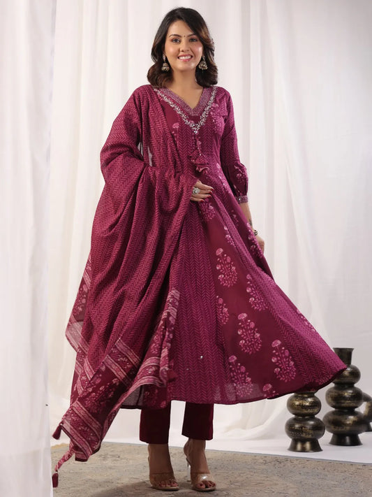 Plum Long Flared 3 Piece Dress with Silver Thread Embroidery