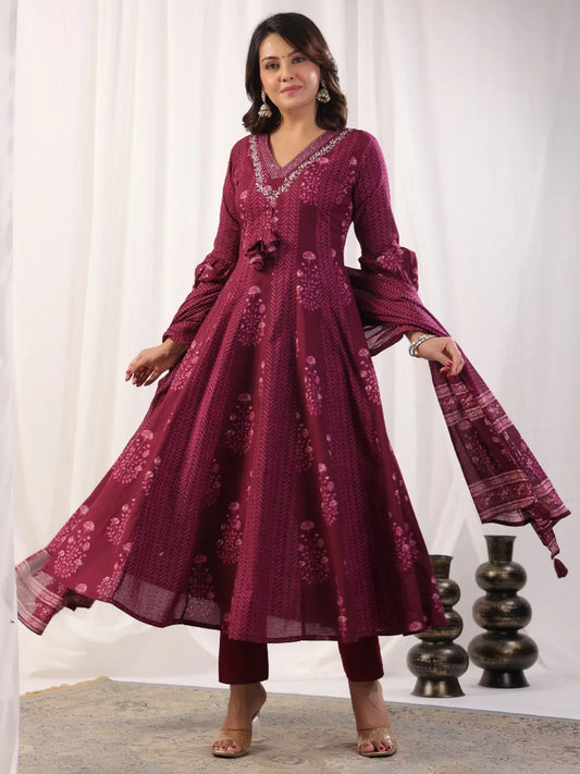 Plum Long Flared 3 Piece Dress with Silver Thread Embroidery